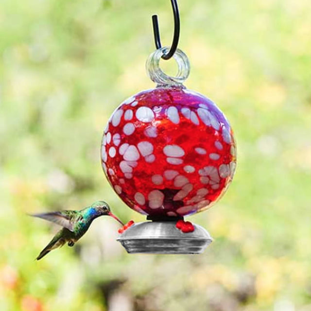 Dew Drop Cloud Hummingbird Feeder with three red flower feeding ports, artisan-made handblown glass, and galvanized metal base. Hummingbird feeding from the feeder.