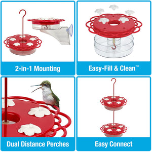 2-in-1 Plastic Dish Hummingbird Feeder with five feeding ports, window and hang options, built-in ant moat, and dual-distance perches for longer feeding.