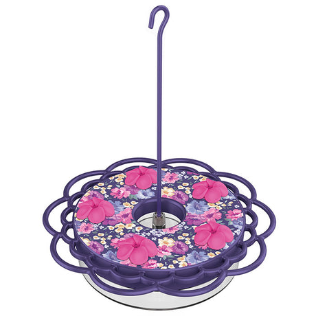 Petunia Passion Plastic Dish Hummingbird Feeder with flower design, featuring five feeding ports and built-in ant moat. Holds 13 ounces.