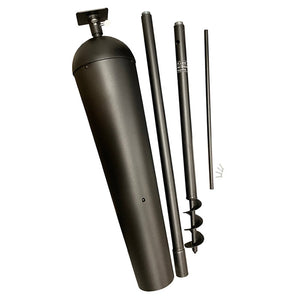 Squirrel Stopper Denali Squirrel Proof Mounting Pole System, featuring a black metal cylinder with a drill and screwdriver for assembly.