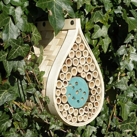 Dewdrop Beneficial Insect House nestled in a leafy green bush, featuring bamboo nesting tubes for solitary bees and shelter for other beneficial insects in your garden.