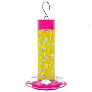 Hummingbird Lemonade Stand Feeder with built-in perch ring, six flower-shaped feeding ports, and ant moat. Holds 20 ounces of nectar, easy to fill and clean.