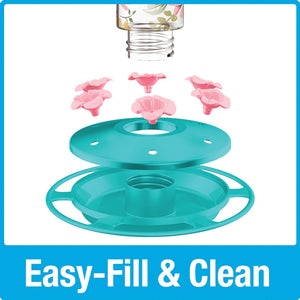 Charming Peony Decorative Glass Hummingbird Feeder, close-up of a bottle-like design with six flower-shaped feeding ports and a twist-off base for easy filling and cleaning.