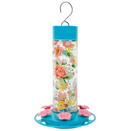 Charming Peony Decorative Glass Hummingbird Feeder with blue flower design, six feeding ports, and built-in perch ring for easy hummingbird viewing and feeding.