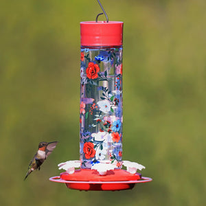 Vintage Blossom Decorative Glass Hummingbird Feeder with six flower-shaped feeding ports and built-in perch ring, holding 20 ounces of nectar.