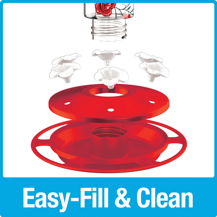 Vintage Blossom Decorative Glass Hummingbird Feeder with six flower-shaped feeding ports, built-in perch ring, and twist-off base for easy filling and cleaning.