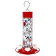 Vintage Blossom Decorative Glass Hummingbird Feeder with a built-in perch ring, six flower-shaped feeding ports, and a twist-off base for easy filling and cleaning.