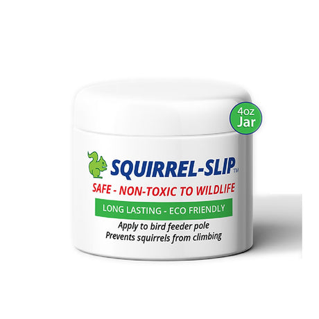 Squirrel-Slip Jar, 4 oz. - A white jar with green and red text, designed for applying to bird feeder poles to prevent squirrels from climbing.