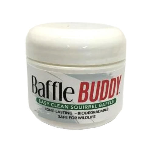 Baffle Buddy, 2 oz. - A white plastic container with a white lid, designed for cleaning and shining squirrel baffles.