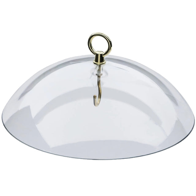 Clear Weather Dome with brass hanger and hook, designed to shield nectar feeders from rain and snow, featuring a sturdy, see-through plastic cover for easy bird viewing.