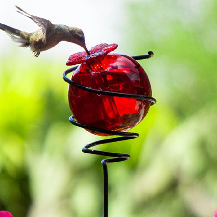 Droplet Spiral on a Stake Hummingbird Feeder, Red, showing a hummingbird feeding from a red glass ball with a flower accent, mounted on a black wire holder.