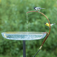 Universal Dripper for birdbaths, shown with a bird drinking from a birdbath. Copper-colored stainless steel dripper, easy setup, adjustable needle valve, includes tubing. Birdbath sold separately.