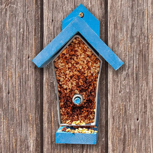 Birdie Bistro DIY Bird Feeder with a blue roof, made from FSC Certified timber and featuring a reusable mold for creating custom bird food blocks.