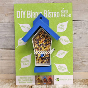 Birdie Bistro DIY Bird Feeder with a wooden house design and a blue roof, featuring a reusable mold and bird food recipe for crafting custom treats.