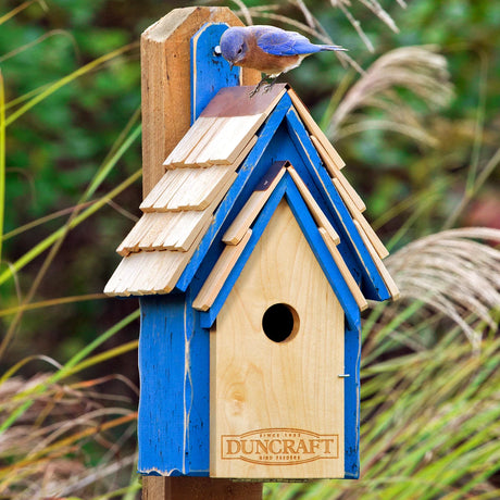Duncraft Bluebird Manor House with copper-topped, shingled roof and blue trim, features a perched bluebird and easy-access front panel for maintenance.