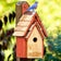 Duncraft Bluebird Manor House, Redwood: Wooden birdhouse with shingled roof, copper peak, and front opening for inspection. Ideal for attracting bluebirds. Mounted on a garden post.