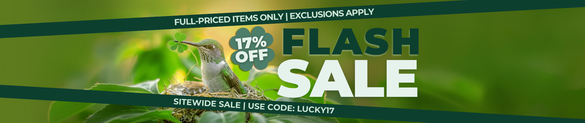 Hummingbird in a nest with green background. Flash Sale: 17% off full-priced items sitewide with code LUCKY17