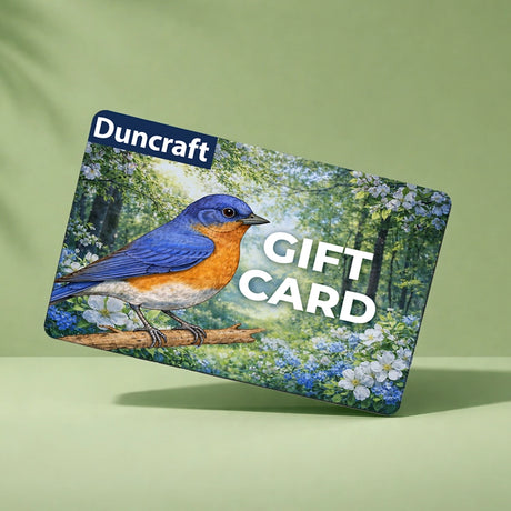 Duncraft gift card with a bluebird design on a green background