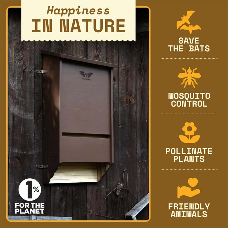Bat house with benefit details: save bats, mosquito control, pollinate plants, friendly animals. 