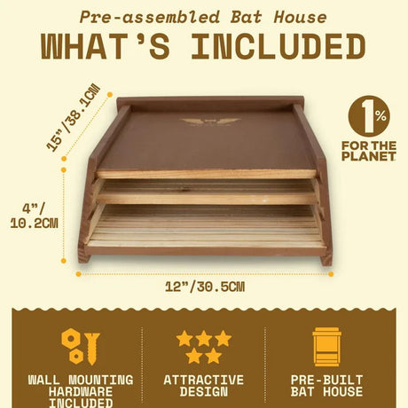 Two-Chamber Bat House, Brown, pre-assembled with mounting hardware; features icons for design and eco-certification, highlighting its durable cedar construction and functional design.