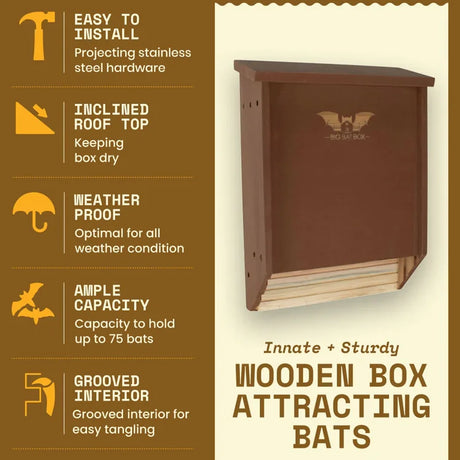Two-Chamber Bat House, Brown: Sturdy wooden box with a sloped roof, easy installation, grooved interior, and ample space for 75 bats, promoting natural pest control.