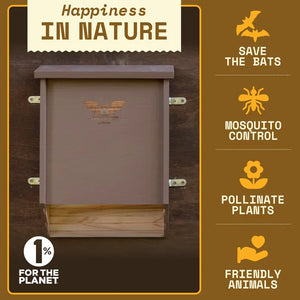 Two-Chamber Bat House, Brown, displayed with benefits like mosquito control and pollination, featuring eco-friendly pledge, pre-assembled cedar design, and two grooved chambers.