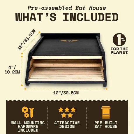Two-Chamber Bat House, Black, pre-assembled; cedar, weatherproof with grooved interior, mounts easily. Ideal for cooler climates, supports 75 bats for natural pest control.