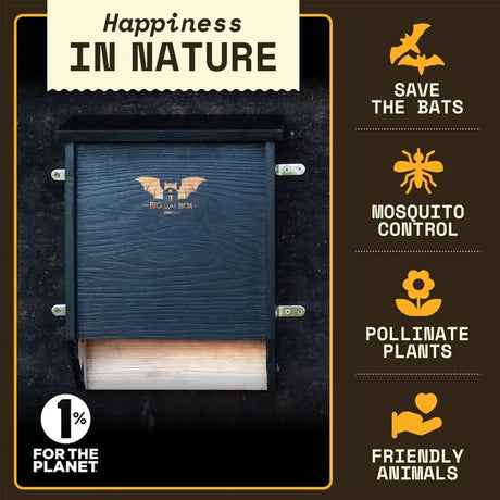 Two-Chamber Bat House, Black, mounted on a wall, with icons highlighting benefits: bat conservation, mosquito control, plant pollination, and animal friendliness. Includes 1% for the Planet logo.
