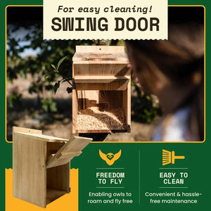Owl Box for Gardens with swing-door design, shown mounted with wood-shavings. Highlights freedom for owls and easy cleaning for hassle-free maintenance.