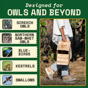 Multi-species Owl Box for Gardens, featuring a wooden design with hinged roof. Supports screech owls, swallows, and more, offering easy maintenance through a wide front door.