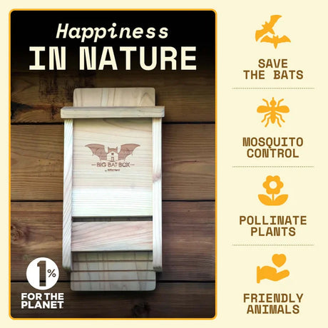 Single Chamber Bat House, Black, cedar design with Happiness In Nature text. Displays benefits: save bats, mosquito control, pollination. Holds 40 bats, eco-friendly.