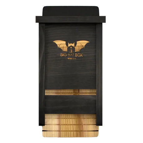 Single Chamber Bat House, Black, features a cedar construction with ventilation slots, rough landing strip, and bat silhouette, ideal for eco-friendly backyard mosquito control.