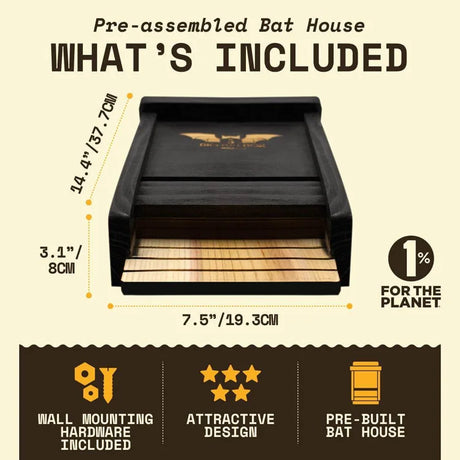 Single Chamber Bat House, Black—pre-built cedar design; wall-mounting hardware included. Compact, weather-resistant, holds up to 40 bats for eco-friendly mosquito control.