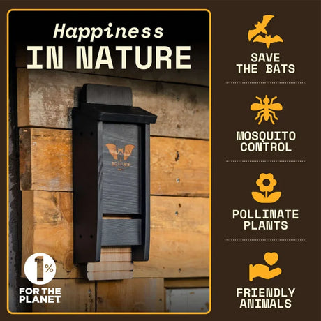 Single Chamber Bat House, Black, mounted on building, promotes natural mosquito control and pollination. Cedar construction, fits 40 bats, eco-friendly and easy to install.