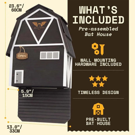 Big Bat Barn 3 Chamber Premium Cedar, Black: Pre-assembled bat house with barn design, wall-mounting hardware, bat-shaped logo, mesh screen for 15 bats' landing and roosting.