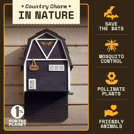 Big Bat Barn 3 Chamber Premium Cedar, Black, mounted on siding, promotes bat roosting with mesh screening, benefits listed: mosquito control, pollination, wildlife habitat, 1% for the Planet logo visible.