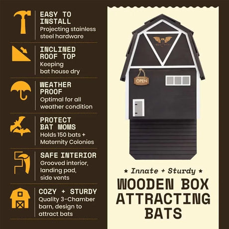 Promotional graphic of the Big Bat Barn 3 Chamber Premium Cedar, Black, featuring a barn-shaped wooden bat house illustration with six highlighted features like easy installation and weatherproof design.