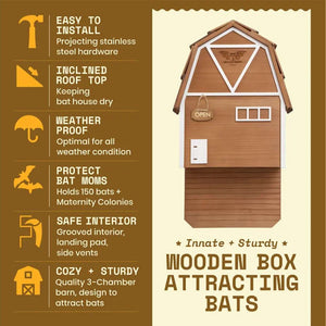 Big Bat Barn 3 Chamber Premium Cedar, Brown: barn-shaped, multi-chamber wooden bat house with features like inclined roof, grooved interior, and wall-mounting hardware for easy installation.
