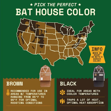 Infographic titled “Pick the Perfect Bat House Color” with a U.S. map suggesting Brown for warmer areas, featuring Big Bat Barn 3 Chamber Premium Cedar.
