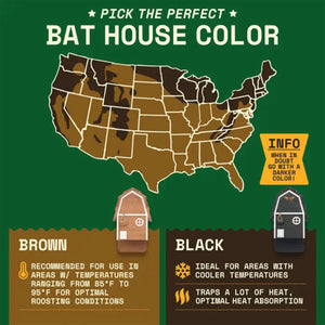 An informational graphic titled 'PICK THE PERFECT BAT HOUSE COLOR' on a dark green background. It shows a stylized map of the United States filled with brown and black tones, plus two small bat house illustrations labeled Brown and Black with text explaining color recommendations for different climates.