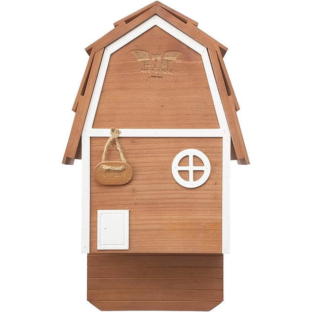 Brown cedar two-chamber bat house with rustic barn-style design, white trim and sheltered bat roosting area