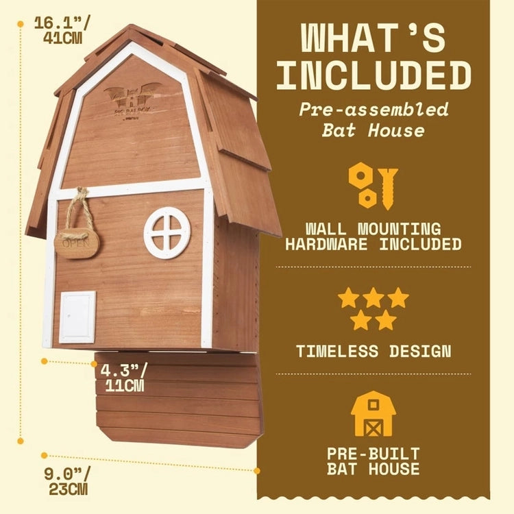 Brown cedar bat house dimensions showing 16.1 inches tall, 9 inches wide and 4.3 inches deep with mounting hardware included