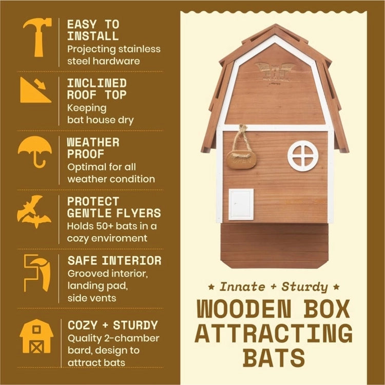 Two-chamber cedar bat house featuring weather-resistant construction, grooved interior, landing pad and side vents for up to 50 bats