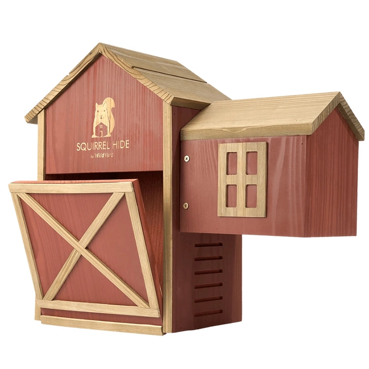 Cedar squirrel nesting house with barn-style door opened to show feeding compartment and attached shelter