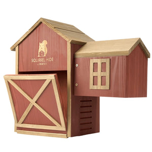 Cedar squirrel nesting house with barn-style door opened to show feeding compartment and attached shelter