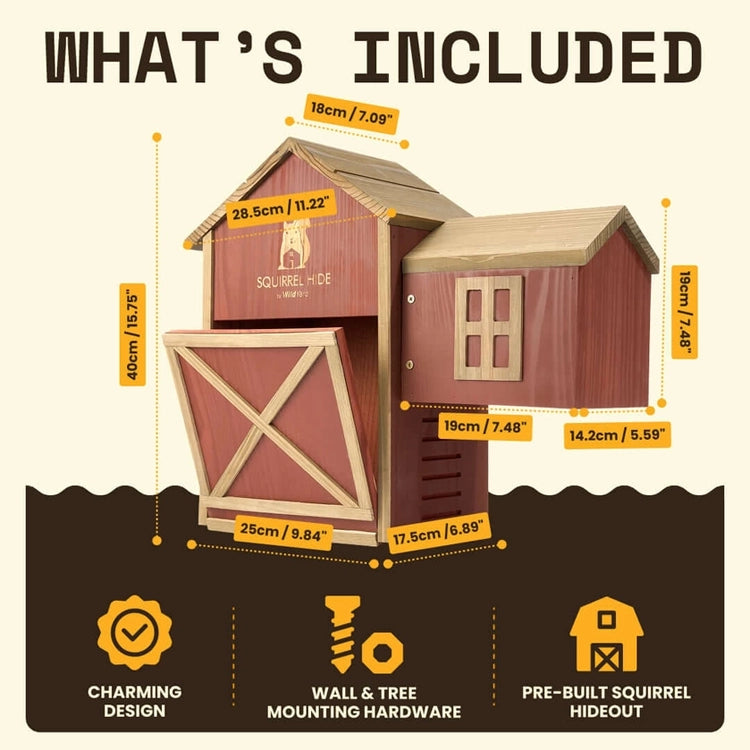 Squirrel house and feeder dimensions showing preassembled cedar barn design with tree and wall mounting hardware