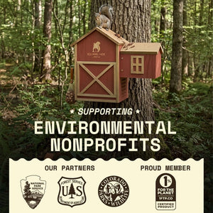 A red and tan wooden squirrel house mounted on a tree in a forest, with a squirrel sitting on top. Large text reads 'SUPPORTING ENVIRONMENTAL NONPROFITS,' and a cream banner at the bottom lists partners and a 1% for the planet certification mark.