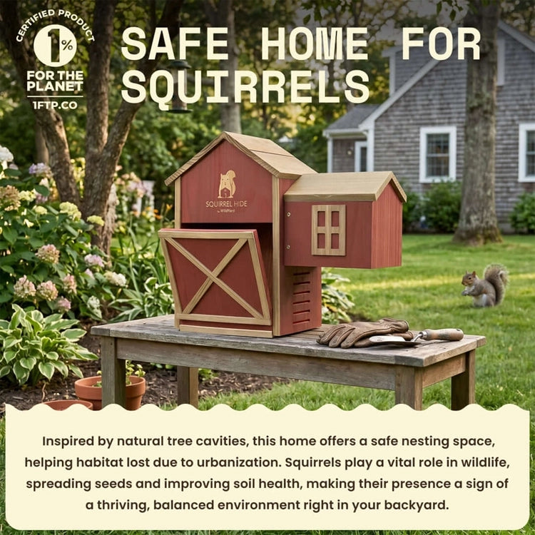 WildYard squirrel house and feeder displayed in a backyard garden with a gray squirrel nearby