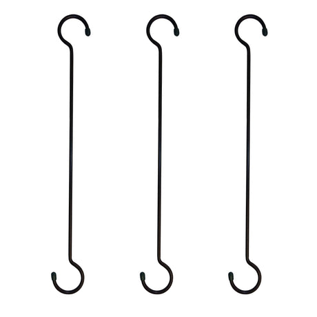 Three black metal hooks of varying lengths on a white background