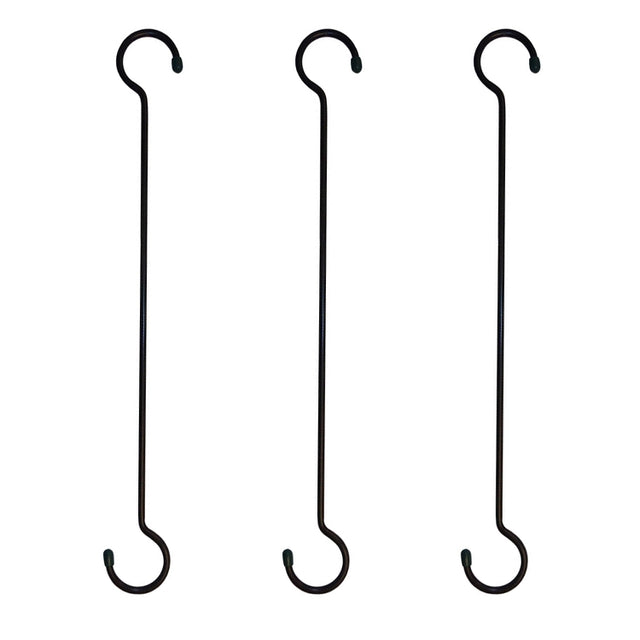 Three black metal hooks of varying lengths on a white background